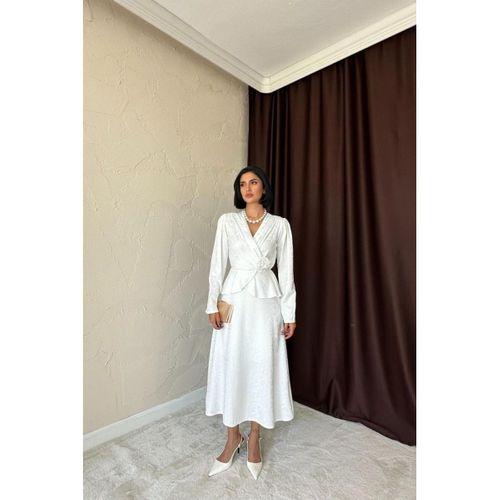 Ekru Pile Detaylı Kruvaze Elbise