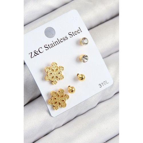 316L Çelik Zirkon Taşlı Kar Tanesi Model Gold Renk Kadın Set Küpe