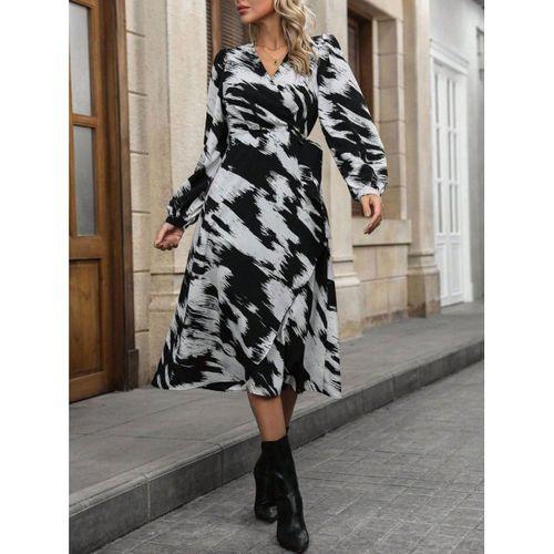 Kadın Uzun Kollu Kruvaze Yakalı Yandan Bağlamalı Desenli Mini Modal Elbise