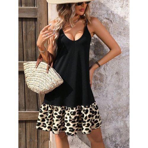 Kadın Ip Askılı Yuvarlak Yakalı Leopar Detaylı Elbise