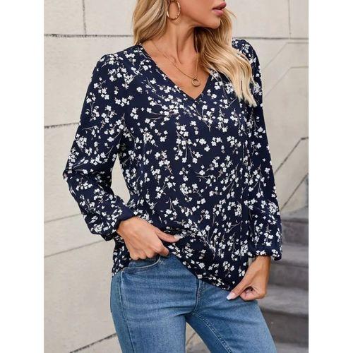 Kadın Uzun Kollu V Yakalı çiçek Desenli Modal Bluz