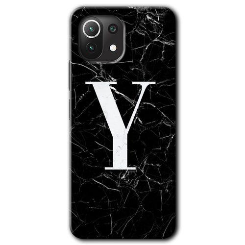 MRCİLETİSİM Xiaomi Mi 11 Lite Kılıf Baskılı Kapak - Siyah Mermer Desenli Y Harfi + 5D Tam Kaplayan Cam