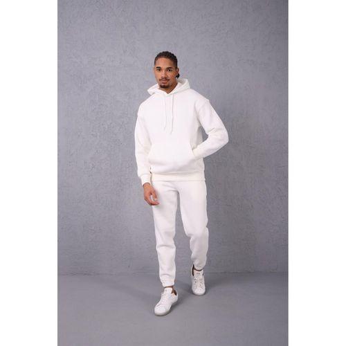 Şardonlu Kanguru Cepli Sweatshirt - 3 İplik Şardonlu Lastik Paça Erkek Eşofman Altı- Eşofman Takımı - Ekru