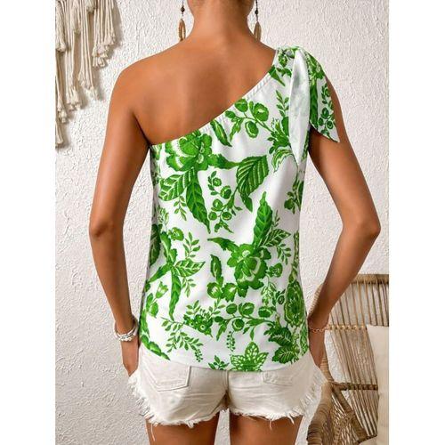 Kadın Tek Omuzdan Askılı Fiyonklu çiçek Desenli Süprem Bluz