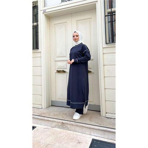 Bisiklet Yaka Dikiş Detaylı Uzun Sweat Pantolon İkili Tesettür Eşofman Takımı - 71174.015 - Lacivert