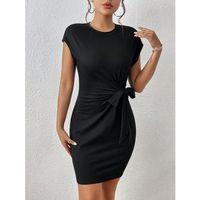 Kadın Kısa Kap Kollu Bisiklet Yaka Belden Bağlamalı Modal Mini Elbise