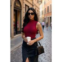 Kadın Bordo Modern Fit Kolsuz Balıkçı Yaka Basic Bluz