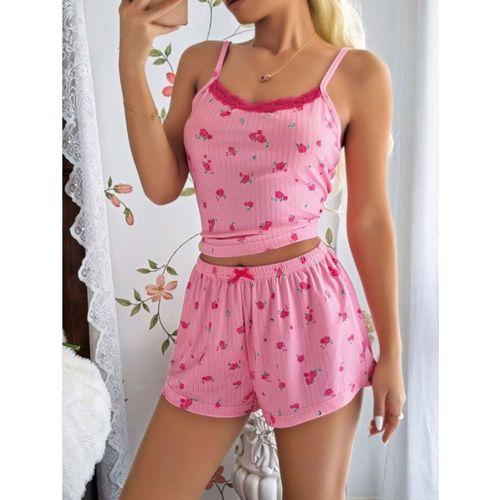 Kadın Çiçek Desenli Dantelli Şortlu Pijama Takımı Şık Ve Rahat Ev Giyim Seti