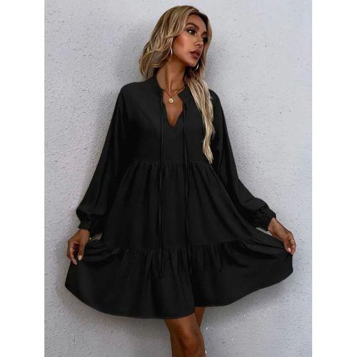 Kadın Uzun Kollu Yakadan Bağcıklı Fırfırlı Keten Mini Elbise