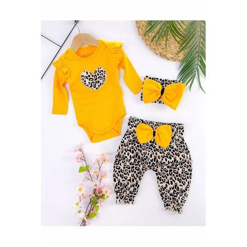 Fiyonklu Leopar Desenli % 100 Pamuk Kız Bebek Takım