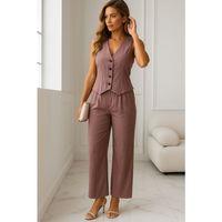 Kadın Sıfır Kollu Düğmeli Yelek Ve Pantolon Bürümcük Ikili Takım