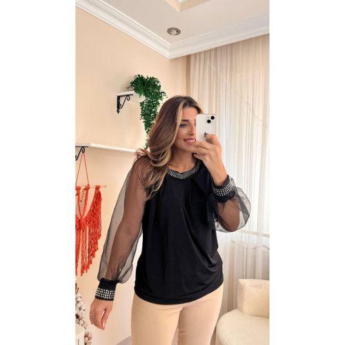 Kadın Uzun Kollu Bisiklet Yaka Taşlı Kol Tül Detaylı Sandy Bluz