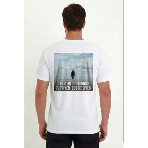 Erkek Oversize Tişört - Sırt Baskılı Survivor Penguin Temalı, Felsefi Yazılı Bisiklet Yaka Tişört - Beyaz