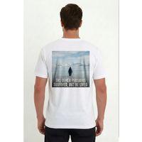 Erkek Oversize Tişört - Sırt Baskılı Survivor Penguin Temalı, Felsefi Yazılı Bisiklet Yaka Tişört - Beyaz