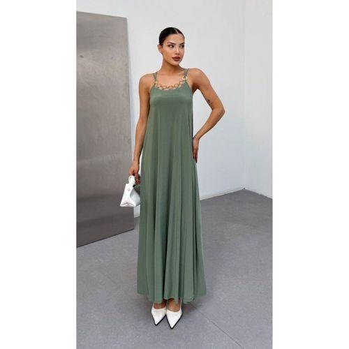 Kadın Omuz Askılı Kuş Gözü Zincir Detay Sandy Kumaş Maxi Boy Elbise