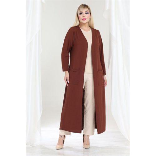 Melsay Butik Büyük Beden Tarçın Dokulu Örme Kumaş Uzun Kadın Hırka