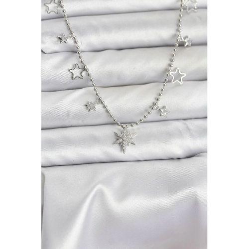 Pirinç Gümüş Renk Zirkon Taşlı Kutup Yıldızı Model Kadın Kolye