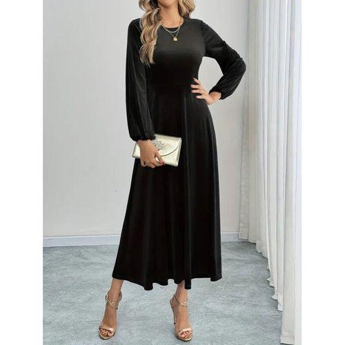 Kadın Uzun Kollu Bisiklet Yaka Midi Kadife Elbise