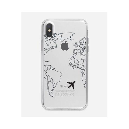 iPhone X World Map Lines Premium Şeffaf Silikon Kılıf Siyah Baskılı