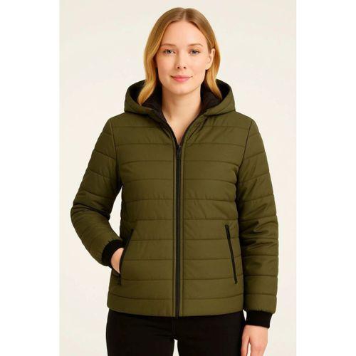 Şişme Kapüşonlu Fermuarlı Mont Su Itici Kapitone Astarlı Kumaş Cepli Kışlık Rahat Kalıp - Haki