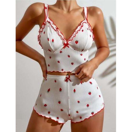 Beyaz Üstüne Çilek Desenli Fitilli Askılı Şortlu Pijama Takımı