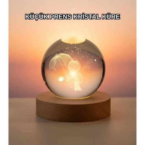 Masif Ahşap Standlı 3d Küçük Prens Kristal Top Usb Gece Lambası Sıcak Işık