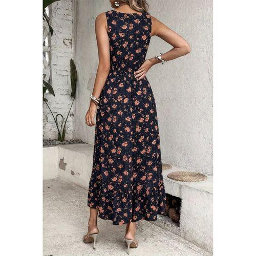 Kadın Beli Gipeli Etnik Desen Sıfır Kol Süprem Elbise