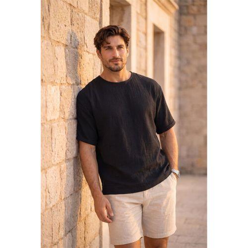 Godard Relax Fit %100 Pamuk Müslin Kumaş Duble Kol Bisiklet Yaka Erkek T-Shirt - Siyah