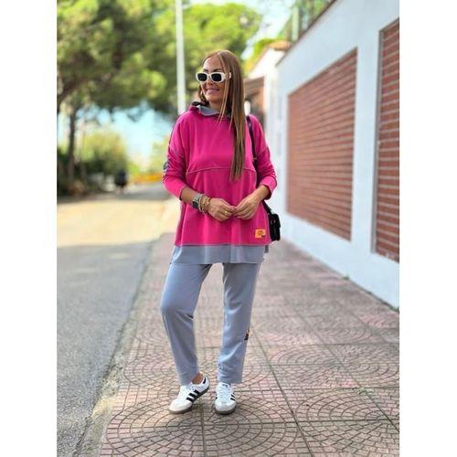 Kadın Pembe Kapşonlu Etek Ucu Detay Arma Ters Dikiş Gorunumlu Ikili Takım