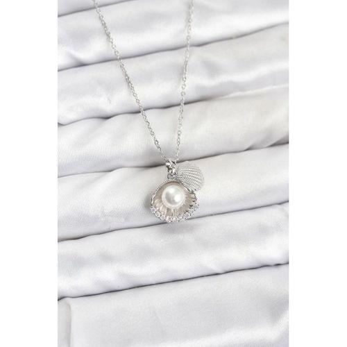 316L Çelik Zincir Gümüş Renk İncili Deniz Kabuğu Model Zirkon Taşlı Kadın Kolye