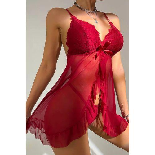 Kadın Bordo Dantelli, Fırfırlı Tül Ve Fiyonk Detaylı Tangalı Gecelik Takımı