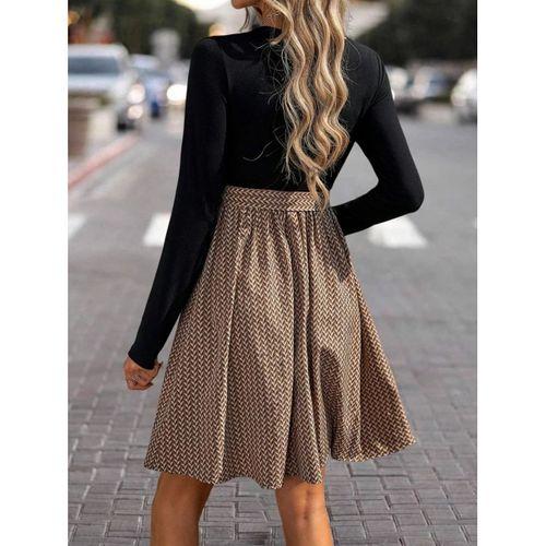 Kadın Uzun Kollu Yuvarlak Yaka üst Viskon Alt Süprem Midi Elbise