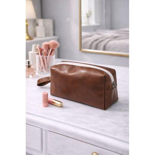 Deri Makyaj Kozmetik Çantası Seyahat Tipi Çanta Organizer Kahverengi