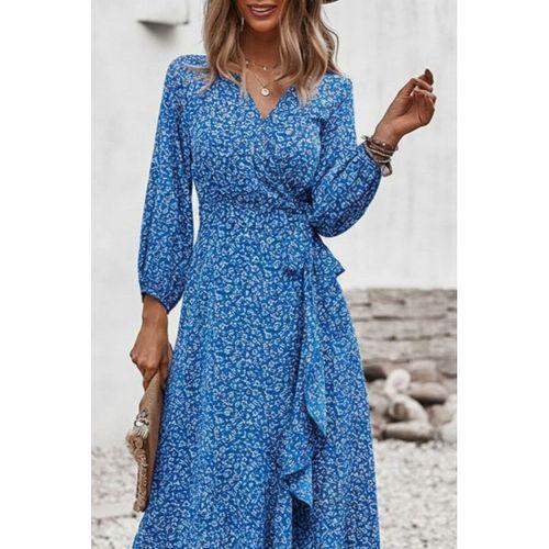 Kadın Uzun Kollu Kruvaze Yaka Yandan Bağlamalı önden Fırfır Detaylı Süprem Uzun Elbise