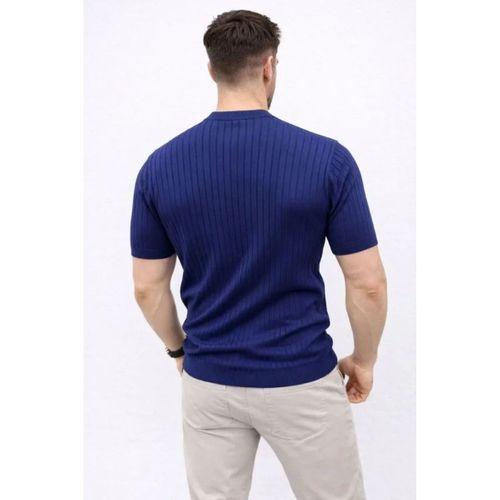 Erkek Kısa Kol Fitilli Triko T-Shirt Yazlık Hakim Yaka Tişört - Lacivert