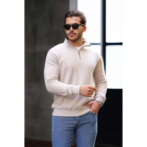 Selanik Örme Kumaş Yarım Fermuar Erkek Sweatshirt - Taş