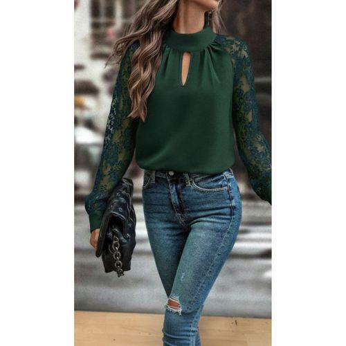 Kadın Uzun Kollu Göğüs Pencere Detay Yaka Boğazlı Kolları Tüllü Sandy Bluz