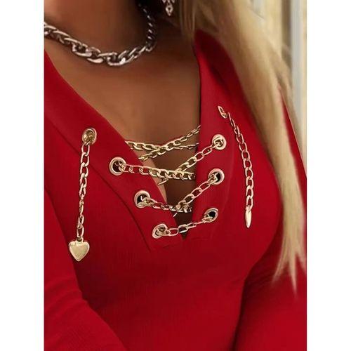 Kadın Uzun Kollu V çapraz Zincir Detaylı Kaşkorse Bluz