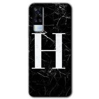 MRCİLETİSİM Vivo Y31 2021 Kılıf HD Desen Baskılı Arka Kapak + Temperli Cam - Siyah Mermer Desenli H Harfi