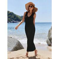 Kadın V Yaka Tam Askılı Tam Boy Ajurlu Triko Elbise