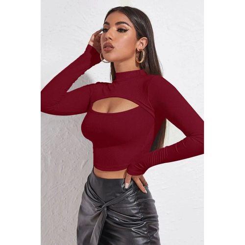 Kadın Bordo Modern Fit Göğüs Dekolteli Uzun Kollu Cut Out Crop Top Bluz
