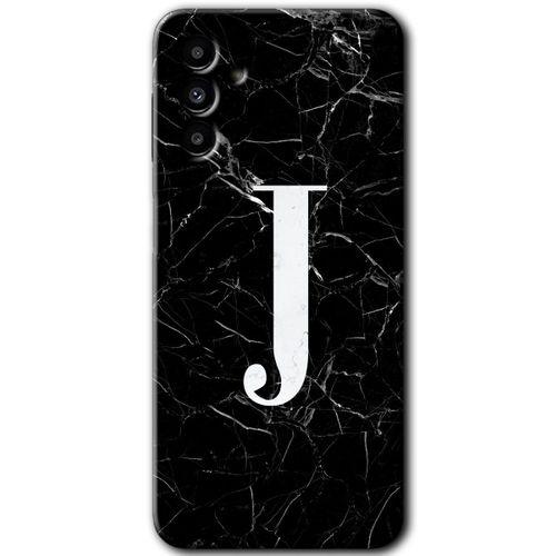 MRCİLETİSİM MRCİLETİSİM Samsung Galaxy A13 5G Kılıf HD Desen Baskı Arka Kapak+Temperli Cam-Siyah Mermer Desenli J Harfi