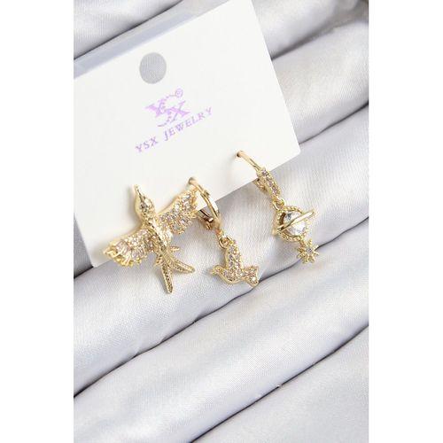 Pirinç Zirkon Taşlı 3'lü Kuş Model Gold Renk Kadın Küpe