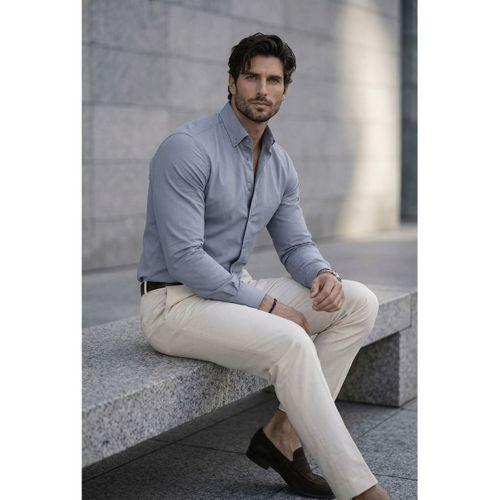 Likralı Regular Fit Nefes Alabilir Klasik Erkek Oxford Gömlek - Füme