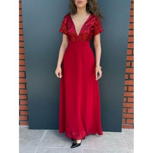 Kadın Kısa Kollu Derin V Yakalı A Kesim Pulpayet Detaylı şifon Nedime Elbisesi