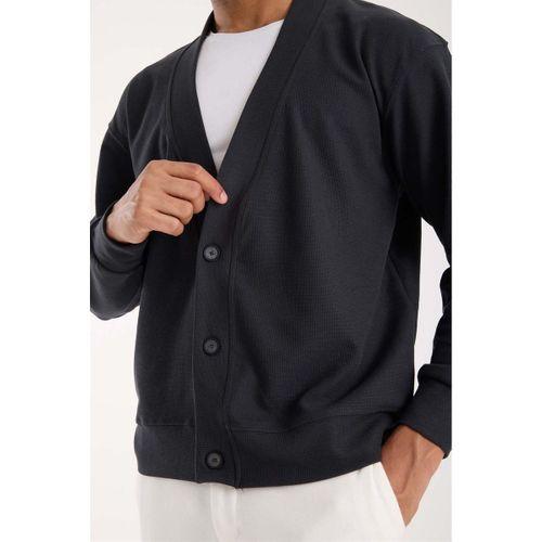 Potter Dokulu Selanik Kumaş Oversize Basic 3 Düğmeli Erkek Hırka - Füme