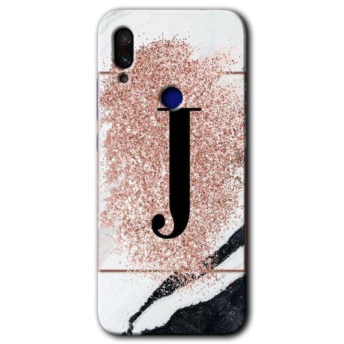 MRCİLETİSİM Xiaomi Redmi Note 7 Kılıf Baskılı Kapak - Pembe Mermer Desenli J Harfi + 5D Tam Kaplayan Cam