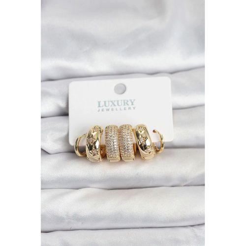 Zirkon Taşlı Pirinç Gold Renk Halka Kadın Küpe Seti