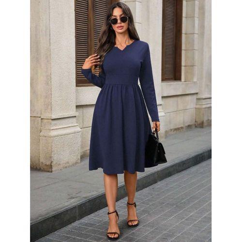 Kadın Uzun Kollu V Yakalı Cepli Midi Ithal Krep Elbise