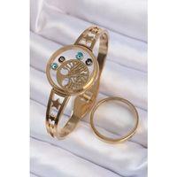 316L Çelik Altın Renk İçi Yaşam Ağacı ve Nazar Boncuk Figürlü Açılabilir Fanus Kelepçe - TJ-BB6158